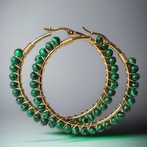 18k Gold Plated Genuine Malachite Ball 2" Hoop Earrings
